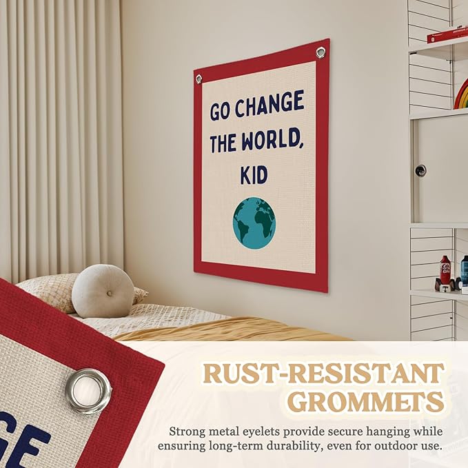 Classroom Decor,Motivational Wall Decor,Go Change the World Kid Linen Canvas Banner,Playroom Wall Decor Hanging Flag for Playroom Bedroom Nursery Graduation Gifts 18x25 Inch