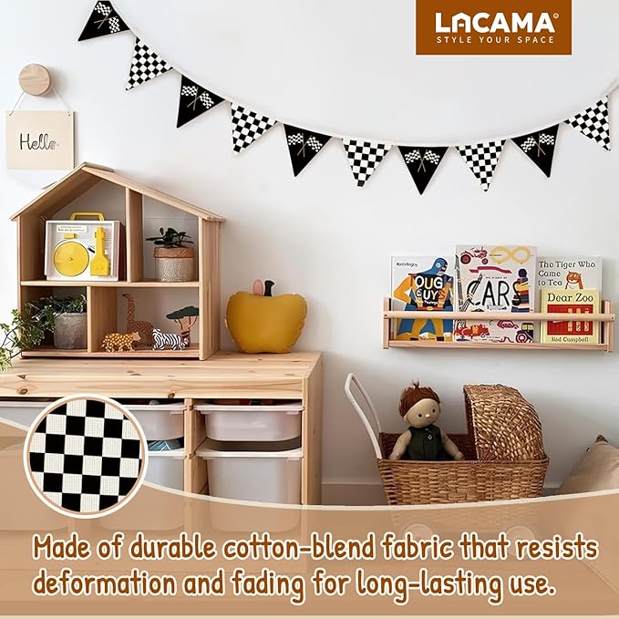 Lacama Car Room Decor,Boys Room Wall Art Decor for Toddler Nursery Playroom, Black and White Checkered Garland Triangle Banners,Racing Flags Bunting Flags Fabric for Baby Shower Birthday Party，Kidroom