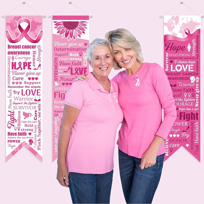 3 Pieces Breast Cancer Awareness Decorations Pink Ribbon Banners Porch Signs Awareness Ribbon Hanging Backdrops for Indoor Outdoor Breast Cancer Party Decor Supplies