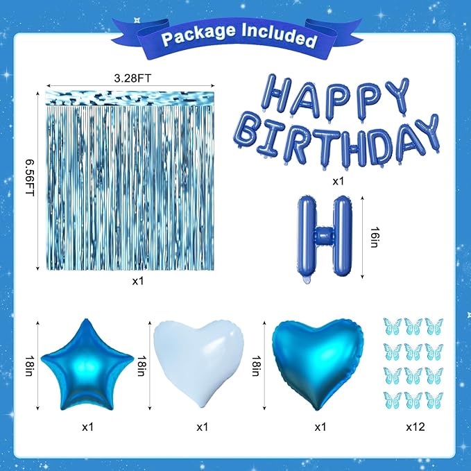 Navy Blue Birthday Decorations for Men Boys, Navy Blue Macaron Light Metallic Blue Confetti Balloons Happy Birthday Banner Butterfly Fringe Curtains for 21st 25th 30th Birthday Decorations