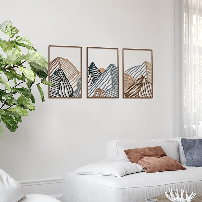 Peryiter 3 Pcs Metal Wall Art Decor Landscape Mountain Wall Hanging Decor for Living Room Abstract Minimalist Modern Mountain Line Pictures Bathroom Office Home Gifts Indoor(Vibrant Colors)