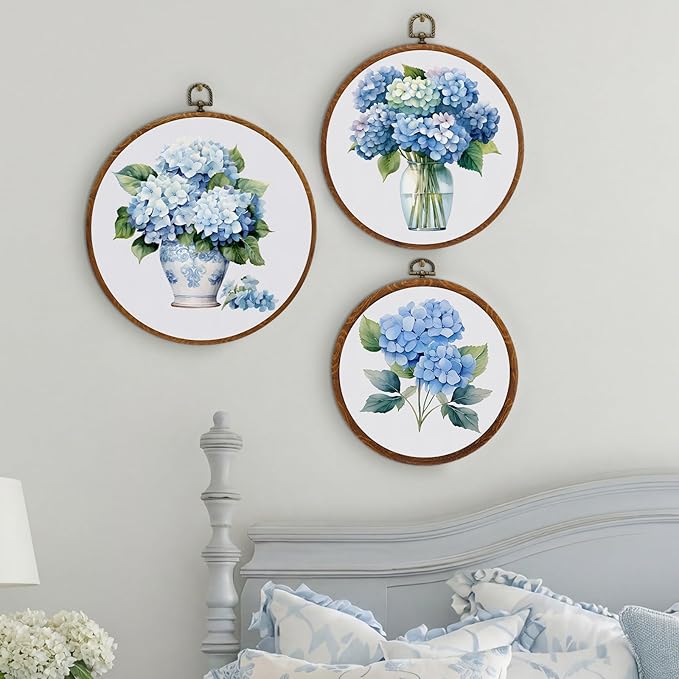 Fiwochic 3 Pcs Round Hydrangea Wall Decor Boho Vintage Flowers Wall Artwork Spring Floral House Artwork Flowers Painting Canva Print Framed Art Farmhouse Nature Hanging Boho Decor for Bedroom