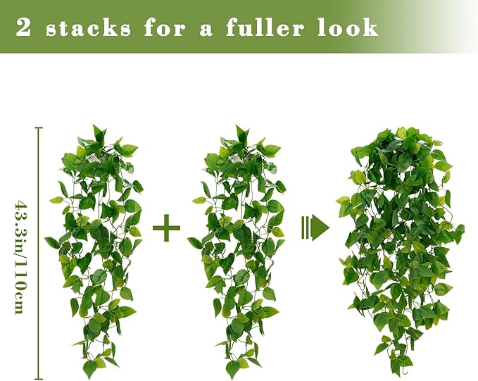BLEUM CADE Fake Hanging Plants, 2pcs Artificial Pothos Vines Greenery for Wall Home Living Room Office Indoor Outdoor Decor (No Baskets)