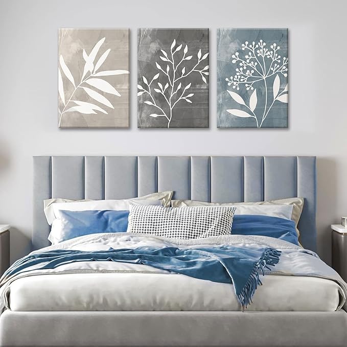 okudolit Vintage Botanical Canvas Wall Art Set of 3 Blue Grey and Beige Neutral Plant Leaf Prints Boho Minimalist Floral Art Pictures Wall Decor for Living Room Bedroom bathroom Office-16x24in