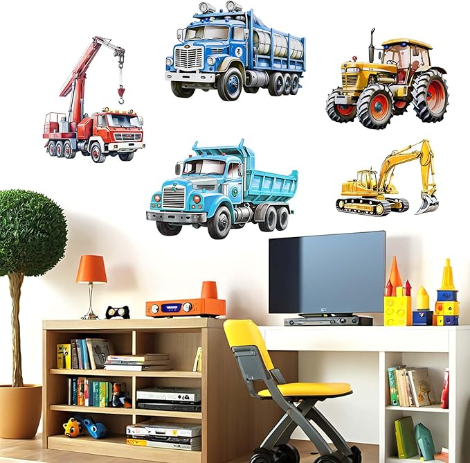 Truck Car Wall Decals for Boys: Construction Design Peel and Stick Vinyl Wall Stickers for Boys Bedroom Kids Room Decor Ages 1-12 Years
