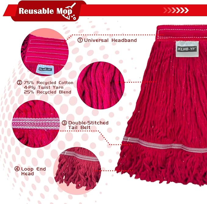 21oz Looped Thick Red Mop Head - Heavy Duty Wet Cleaning Replacement Head, Cotton Washable Industrial mop Heads Heavy Duty for Commercial & Home Cleaning（RED）