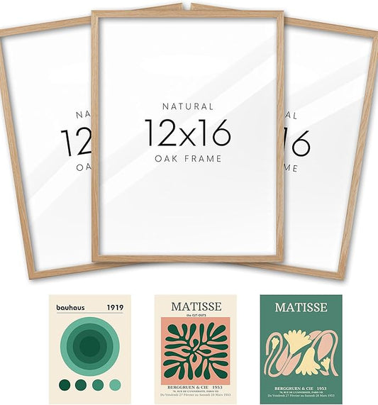 KensTro 12x16 Set of 3 Natural Oak Wood Picture Frame with 3 Green Prints,12x16 Minimalist Natural Solid Wooden Picture Frames for 12"x16" Posters,Wall Art,Photos,Prints,Paintings