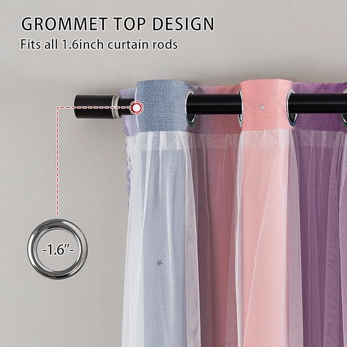 XiDi Girls Curtains for Bedroom 96 Inches Long 2 Panels Grey Pink Purple Rainbow Blackout Curtains for Little Girl Kids Room Decor Living Room, Princess Unicorn Wall Decals Drapes 52x96