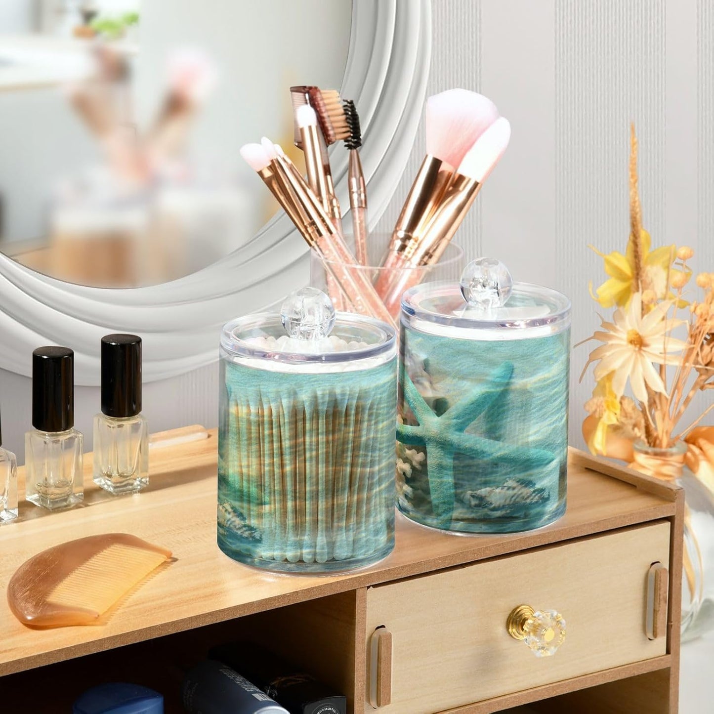 2 Pack Qtip Holder Organizer Dispenser Seashell Starfish Summer Beach Bathroom Storage Canister Cotton Ball Holder Container for Cotton Swabs/Pads/Floss