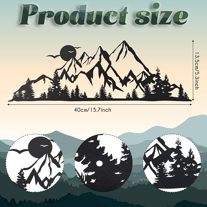 Demissle Mountain Range Metal Wall Art Decor Summit Rustic Wall Sign Forest Home Decor Sign Mountain Scene Art, 15.7 x 5.3 Inch(Black)