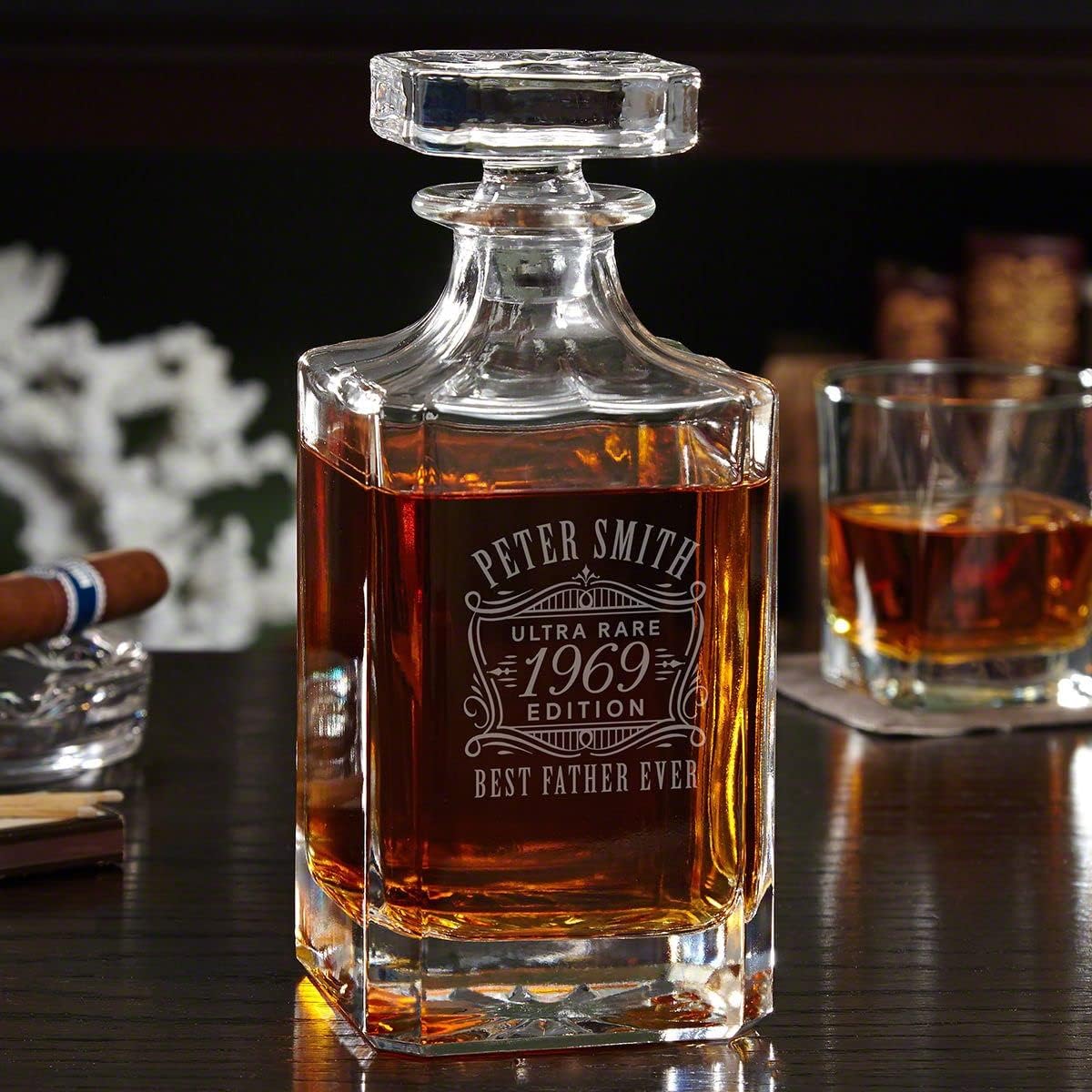 Personalized Whiskey Decanter Set with Wood Gift Box - Custom Bourbon and Scotch Gift Boxed Set