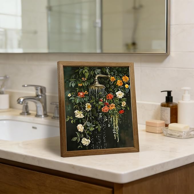 Framed vintage floral wall art Green Botanical Flowers Waterfall Bathroom Wall Decor Boho Spa Aesthetic Flower Artwork for Bathtub Shower Walls Small Bathroom Home Living Room 8x10 inch