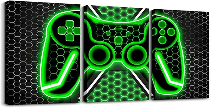 Feelyou Red and Black Picture Wall Decor 12" x 16" 3 Piece Gamer Canvas Wall Art for Living Room Bedroom for Kids Game Controller Bathroom Wall Art Honeycomb Wall Painting