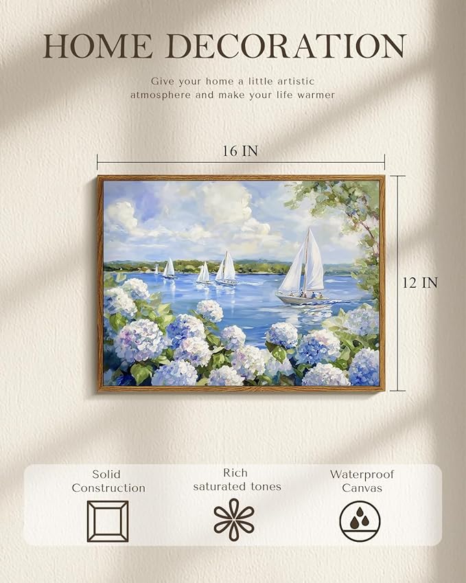 Vintage Blue Hydrangea Sailboat Framed Canvas Wall Art, 12x16 Summer Lake House Coastal Decor, Nautical Floral Landscape Painting Artwork for Living Room Bedroom Office Cottage Beach House