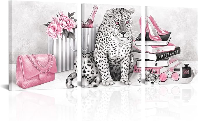 Visual Art Decor Pink Wall Decor Glam Fashion Room Decor Leopard Cheetah Decor Painting Bedroom Wall Decor for Women Framed Canvas Prints Ready to Hang 16inx20inx3Pieces