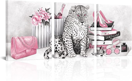 Visual Art Decor Pink Wall Decor Glam Fashion Room Decor Leopard Cheetah Decor Painting Bedroom Wall Decor for Women Framed Canvas Prints Ready to Hang 16inx20inx3Pieces