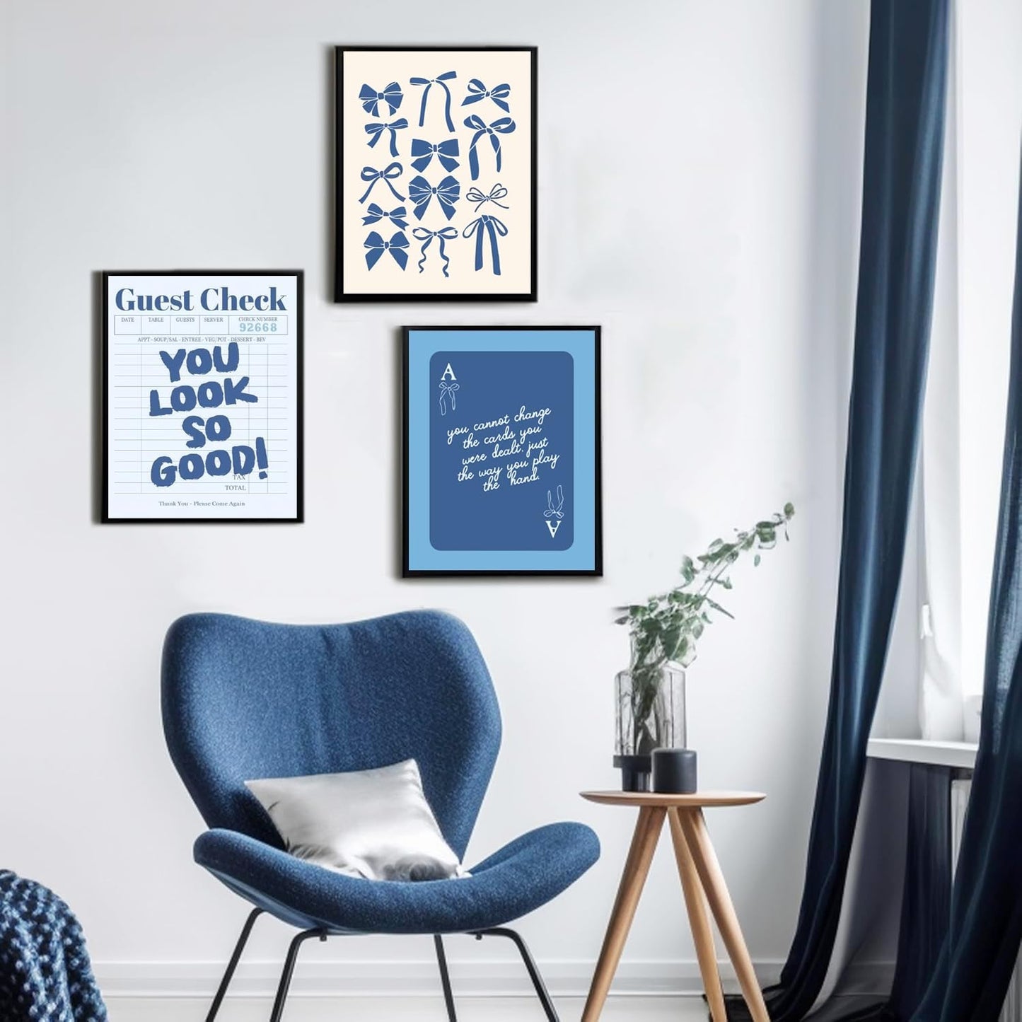 Blue Preppy Wall Art Set of 3 Trendy Navy Bow Posters Retro Guest Check Canvas Prints Poker Painting Minimalist Positive Quote Picture Decor Aesthetic for Living Room Dorm Apartment 16x24in Unframed