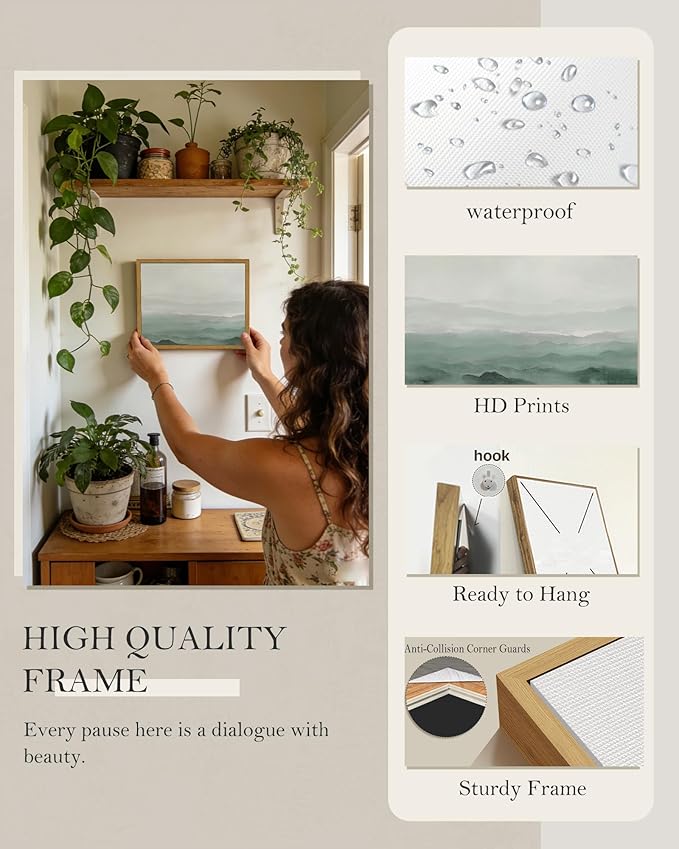 SHENIFY Vintage Landscape Framed Wall Art Foggy Mountain Farmhouse Decor Retro Wilderness Illustrations Decorative for Kitchen Living Room Bedroom Bathroom - 8x10in Natural Framed