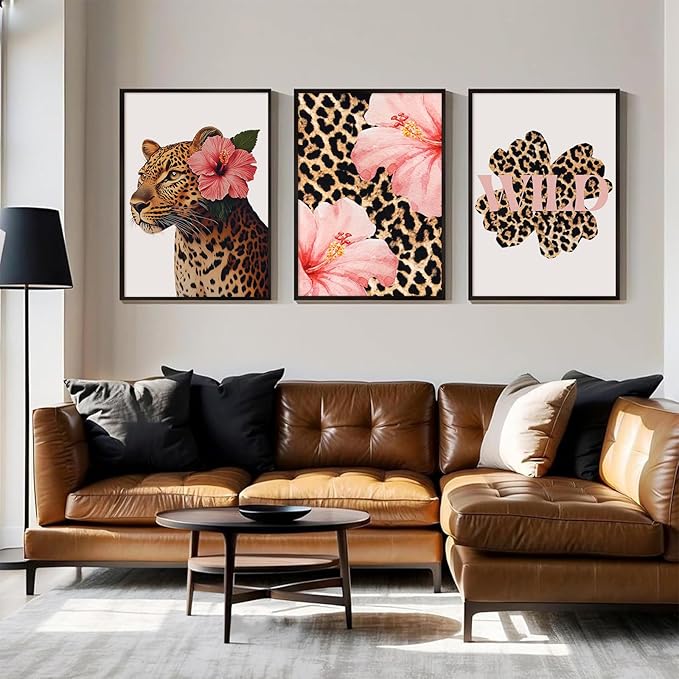 Trendy Leopard Wall Art Pink Cheetah Print Room Decor Leopard Flower Canvas Wall Decor Cheetah Aesthetic Poster Girly Pink Preppy Picture Funky Y2k Artwork for Girl Bedroom 16x24x3 Inch Unframed