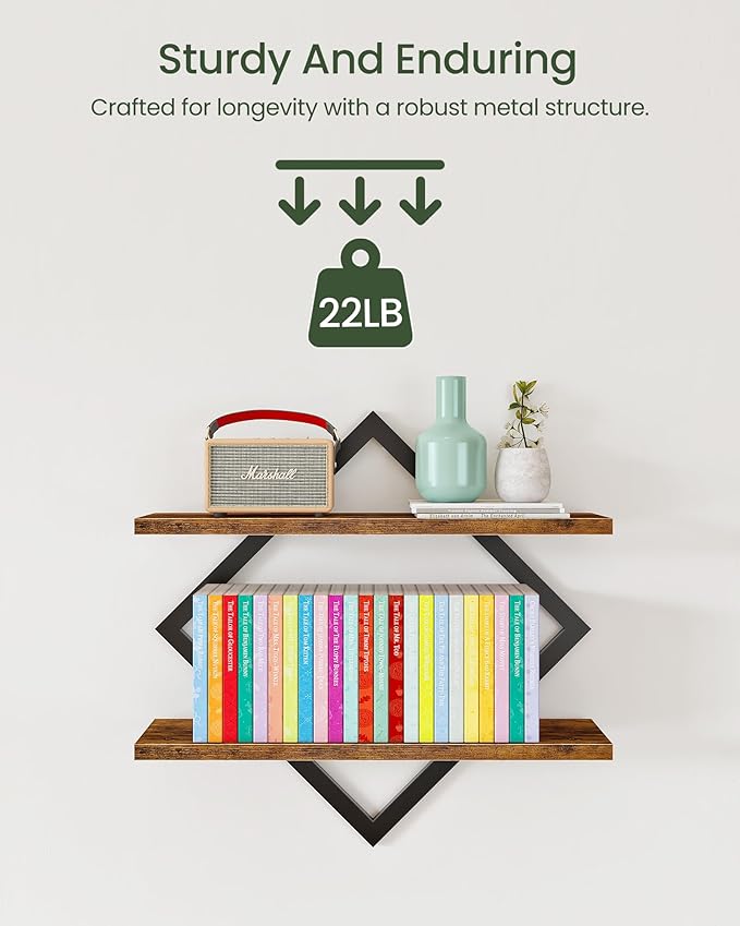 Floating Shelves, Set of 2 Wall Shelves, 2-Tier Hanging Shelves, Wall Shelf Set of 2, Wall Mounted Shelves, for Living Room, Bedroom, Kitchen, Office, Study, Rustic Brown TBJ01P2BF