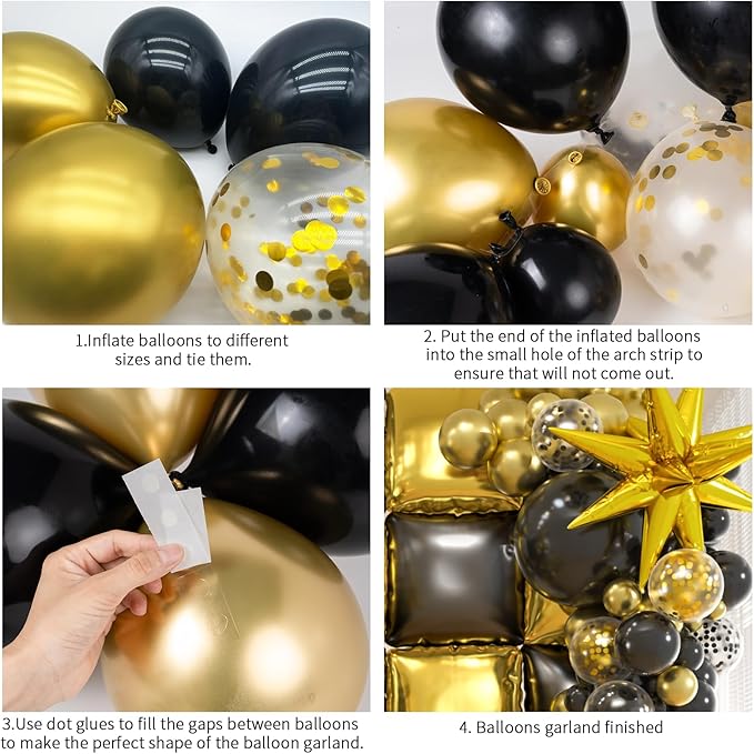 25pcs Black and Gold Foil Square Balloon Backdrop Wall &139pcs Gold Black Balloons Arch Kit, Double Sided Balloon Tunnel for Birthday 2025 New Year Graduation Party Decoration