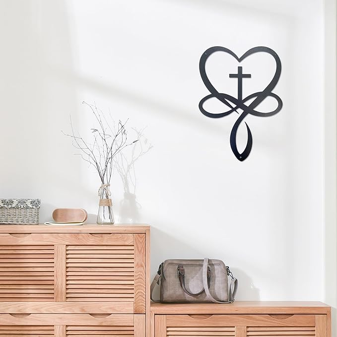Metal Infinity Heart Cross Wall Decor, Unique Cross Decorative Wall Art, Heart And Love Sign Wall Plaques, Love Gift For Adult Home Wedding, Decor Room Bedroom Living Room Decoration（Black Iron Vein)
