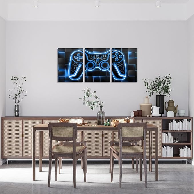 Feelyou Gamer Canvas Wall Art Gaming Bathroom Wall Art for Home Decor 12"x16" 3 Piece for Teens Bedroom Decor Lighting Honeycomb Office Wall Artwork Posters Blue and Black Geometric Wall Painting