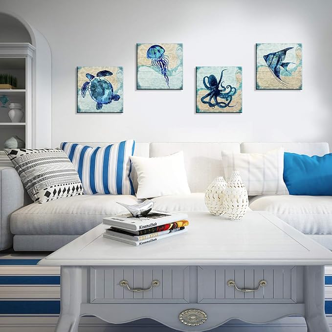 Boho Beach Bathroom Decor Navy Blue Fish Sea Turtle Jellyfish Octopus Canvas Wall Art Ocean Nursery Picture Under the Sea Animal Kids Painting for Living Room Bedroom Office Home Decorations 12x12" 4P
