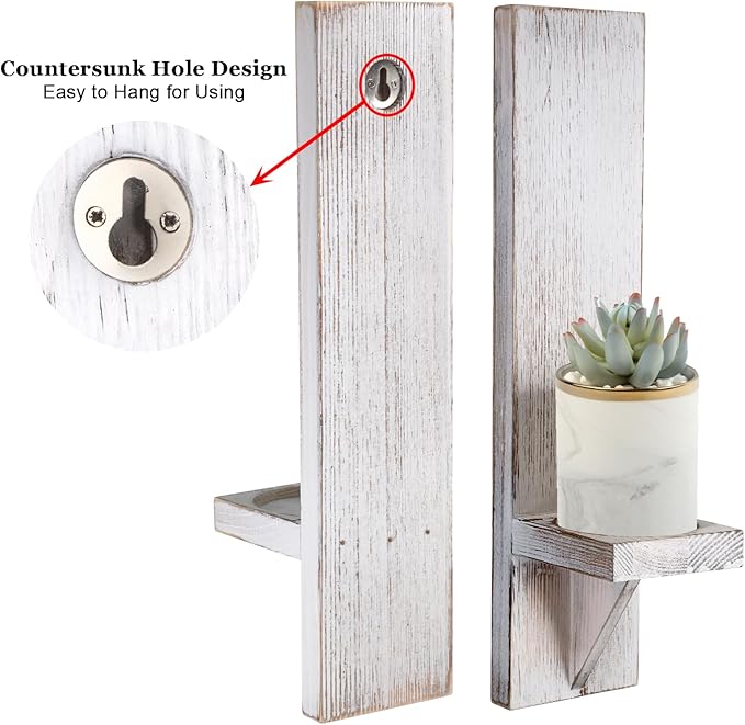 OwnMy Set of 2 Wooden Wall Candle Sconces Rustic Wall Pillar Candle Sconces, Vintage White Hanging Wall Candle Sconce Farmhouse Candle Holders for Living Room