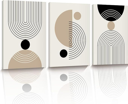 HesenDot Abstract Geometric Wall Art Set of 3, 30x40CM Minimalist Line Framed Canvas Prints, Boho Modern Neutral Beige Black Shapes Wall Decor for Living Room Bedroom Bathroom Office Home