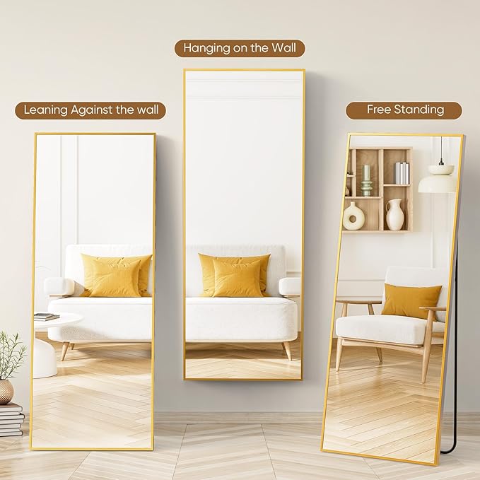 DUMOS Full Length Mirror with Stand 70.4"x25.6" Floor Standing Aluminum Frame for Bedroom Body Hanging Leaning Modern Simple Home Decor Shatter-proorf Nano Glass Wall Living Room Cloakroom Gold
