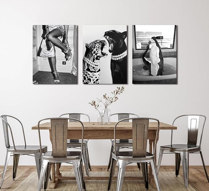 Bathroom Fashion Leopard Print Black and White Canvas Wall Art Trendy Women Posters Paintings Luxury Feminist Pictures Wall Decor for Bedroom Living Room Hallway Home Decoration 16x24 In Framed