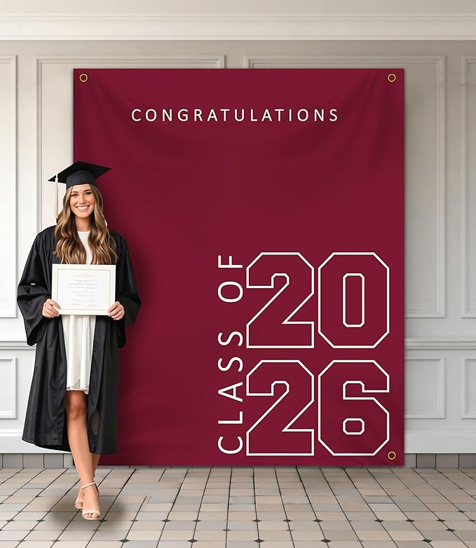 Class of 2026 Graduation Banner 5X6feet - Large CONGRATS GRAD Polyester Banner, Photo Backdrop & Wall Decor for Commencement Party Supplies, Marnoon and White Graduation Party Decorations for High School & College