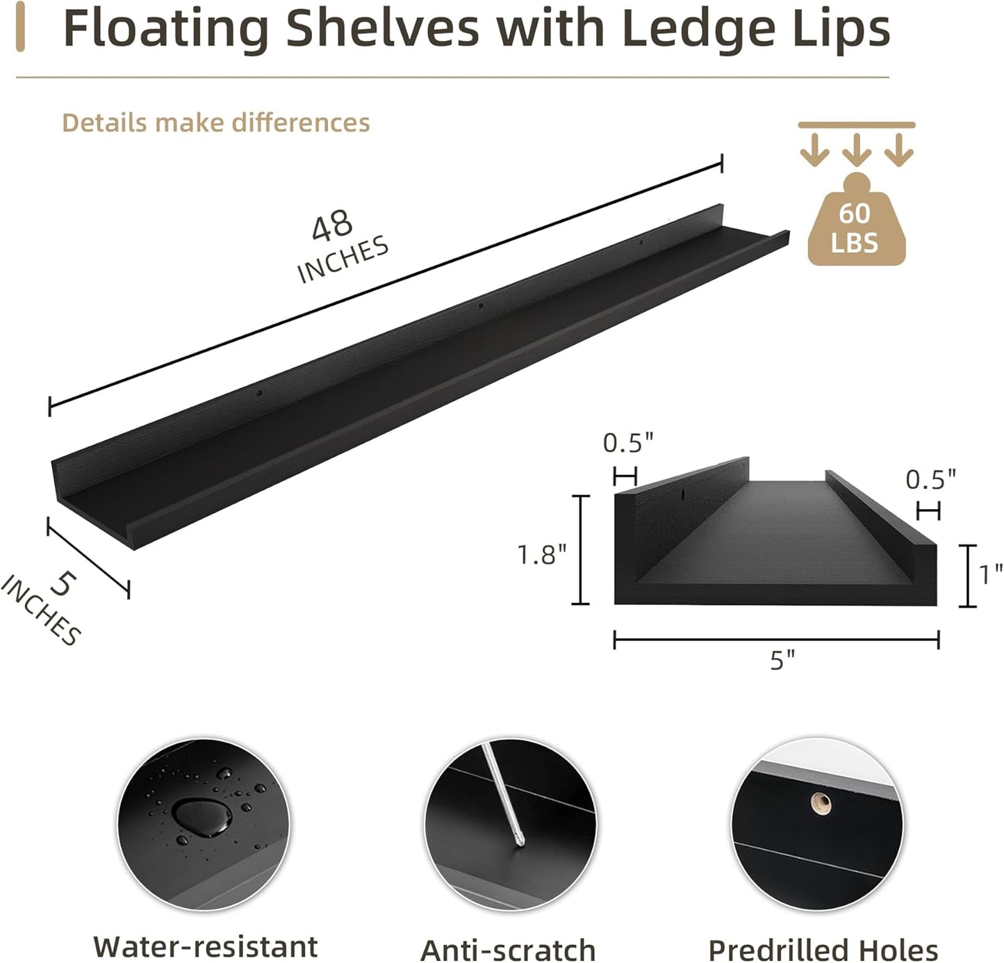 Picture Ledge Shelf, Wood Long Floating Shelves for Wall, Set of 2, 48 inch Picture Ledge Shelves, Photo Ledge Nursery Book Shelves Wall Mounted for Living Room Kids' Room Bedroom, Color Black