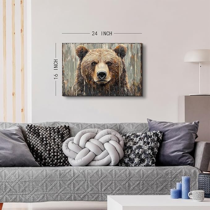 Farmhouse Wall Decor Bear Wall Art Rustic Animal Heads Pictures Funny Animal Canvas Prints Nature Wildlife Portrait Painting Modern Artwork for Kid Bedroom Living Room Home Decoration 16x24"