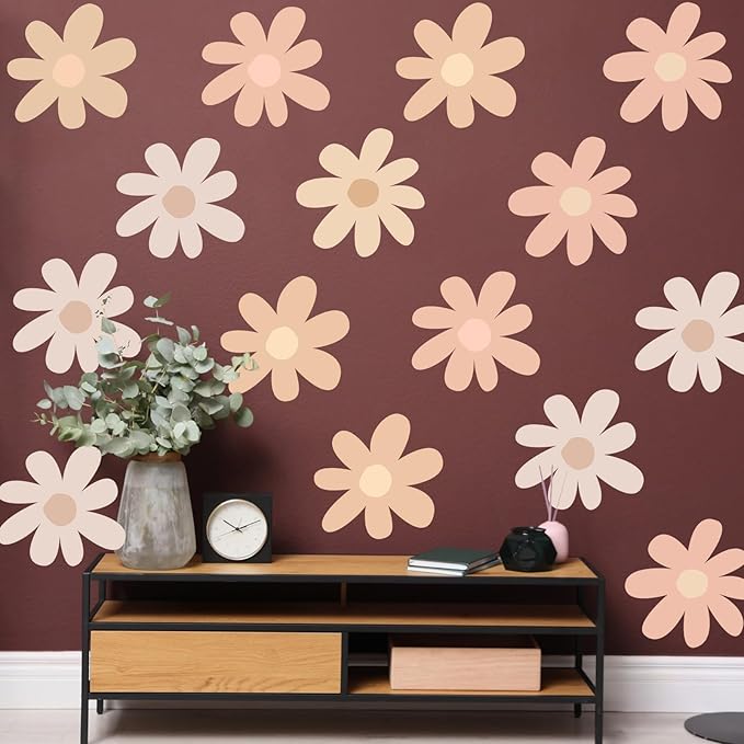 TaoBary 12 Sheet Daisy Wall Sticker Decal Removable Cute Daisy Bedroom Room Decor Flower Wall Sticker Pink White Flower Decal Wallpaper Peel and Stick for Nursery Home(Light Color,Bobo Style)