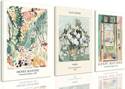 LYPHNX Framed Sage Green Matisse Canvas Wall Art Vintage Abstract Floral Prints Poster Set of 3 Mid Century Aesthetic Flower Artwork Painting Picture Decor for Living Room Bedroom Bathroom 16"x24"