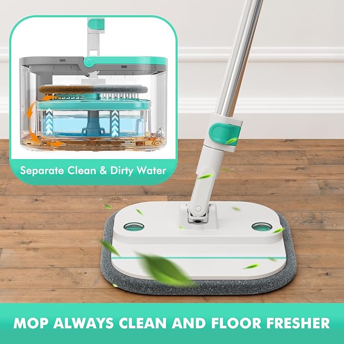 Upgraded Spin Mop and Bucket System Set, Self Separate Clean and Dirty Water, Foldable Square Standing Mop Head with Microfiber Mop Pads, Detachable Bucket (White+Blue, Mop Set with 6PC Pads)