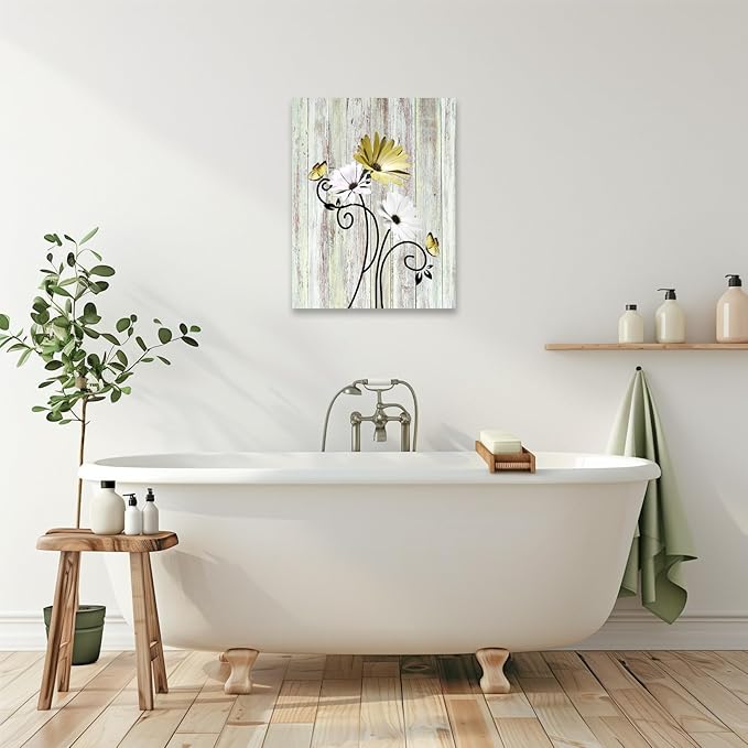 HVEST Farmhouse Yellow Daisy Wall Art Rustic Yellow Floral and Butterfly Vintage Wall Art for Bathroom Living Room Bedroom Kitchen Decor Ready to Hang, 20Lx16W Inches