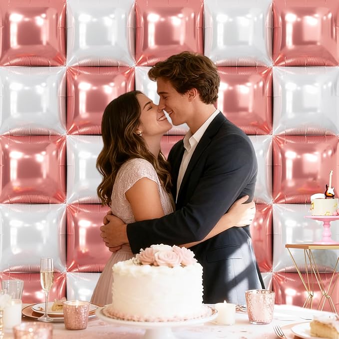 NISOCY 25PCS Rose Gold White Square Foil Balloons Wall Backdrop Double Sided White Rose Gold Balloon Arch Kit for Birthday Wedding Engagement Bridal Shower Valentine Party Decoration