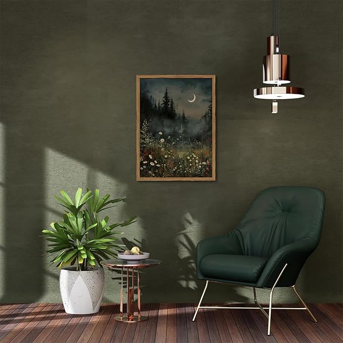 Vintage Moonlit Forest Wall Art Crescent Moon Forest Wildflower Gothic Canvas Prints Landscape Aesthetic Pictures Wall Decor for Living Room Bedroom Offices 12x16 inch Framed
