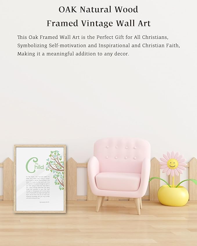 KensTro Natural OAK Wood Nursery Decor Framed Wall Art, 12x16 in Inspirational Christian Bible Verse Wall Art,My Child Prayer Ephesians 3:14-19 Print for Boys Girls Playroom Bedroom Decor Set of 1