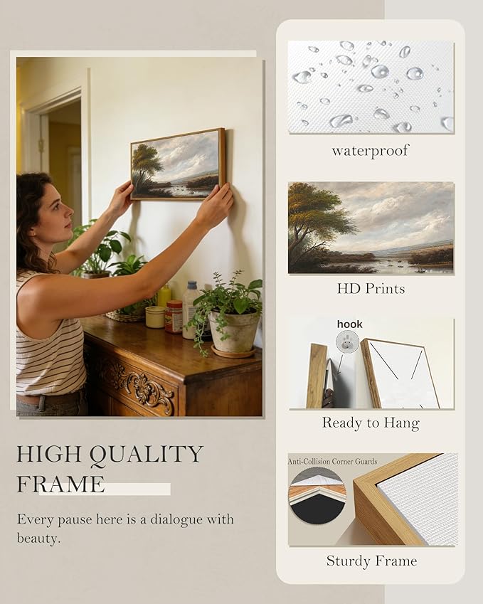 SHENIFY Vintage Landscape Framed Wall Art Riverside Scenery Farmhouse Decor Retro Boat Travel Painting for Kitchen Bedroom Living Room Bathroom - 8x16in Natural Framed