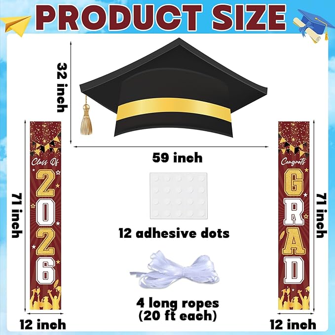 3Pcs Graduation Cap Door Banner 2026 Graduation Door Decoration Class of 2026 Porch Sign Congrat Grad Hanging Banner Decor Grad Party Indoor Outdoor Wall Decor Photo Prop Supplies Maroon Gold