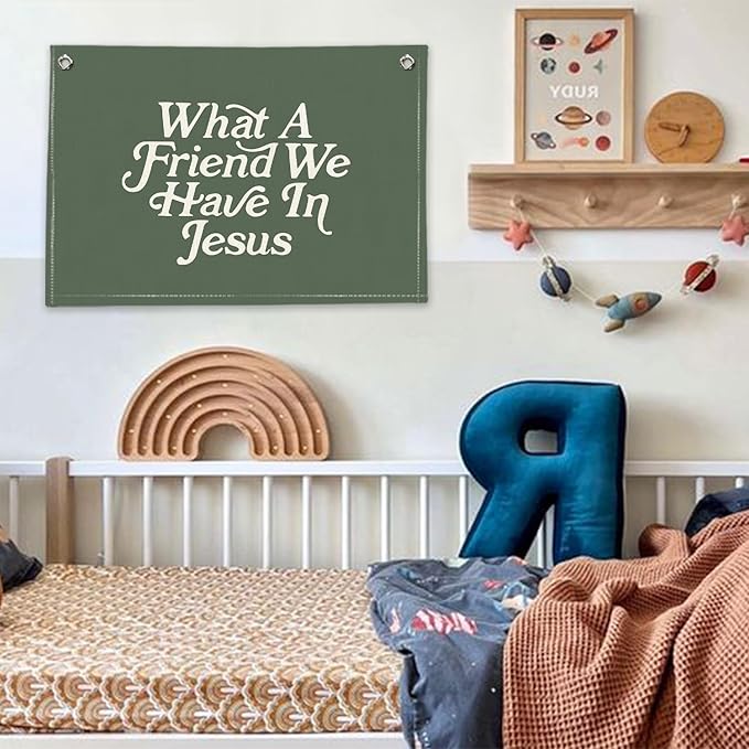 RTXLEZM Kids Room Decor, What a Friend We Have in Jesus Christian Canvas Banner Wall Hanging,Green Minimalist Bible Verse Wall Art Prints for for Classroom, Nursery, Kids Room,20x30