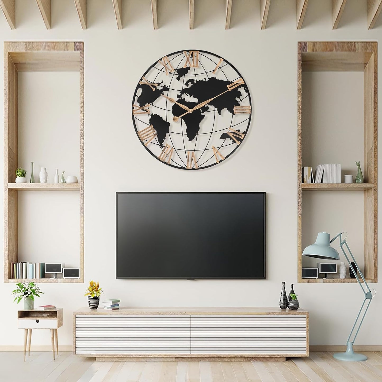 30 Inch Extra Giant Large Wall Clock Oversized,Black Big Metal Modern Decorative Silent World Map Wall Clock with Vintage Gold Roman Numeral for Office,Living Room,Kitchen,Dining Room Decor