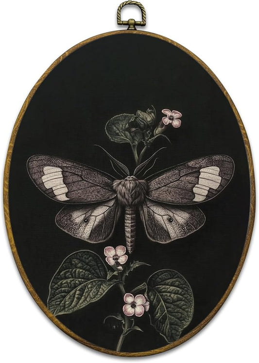 Mcehtle Vintage Butterfly Wall Art Decor, Moody Moth Botanical Cottagecore Oval Framed Canvas Prints 8.6x11.4, Academia Insect Wall Hanging Artwork Decorations for Gallery Home Bedroom Living Room