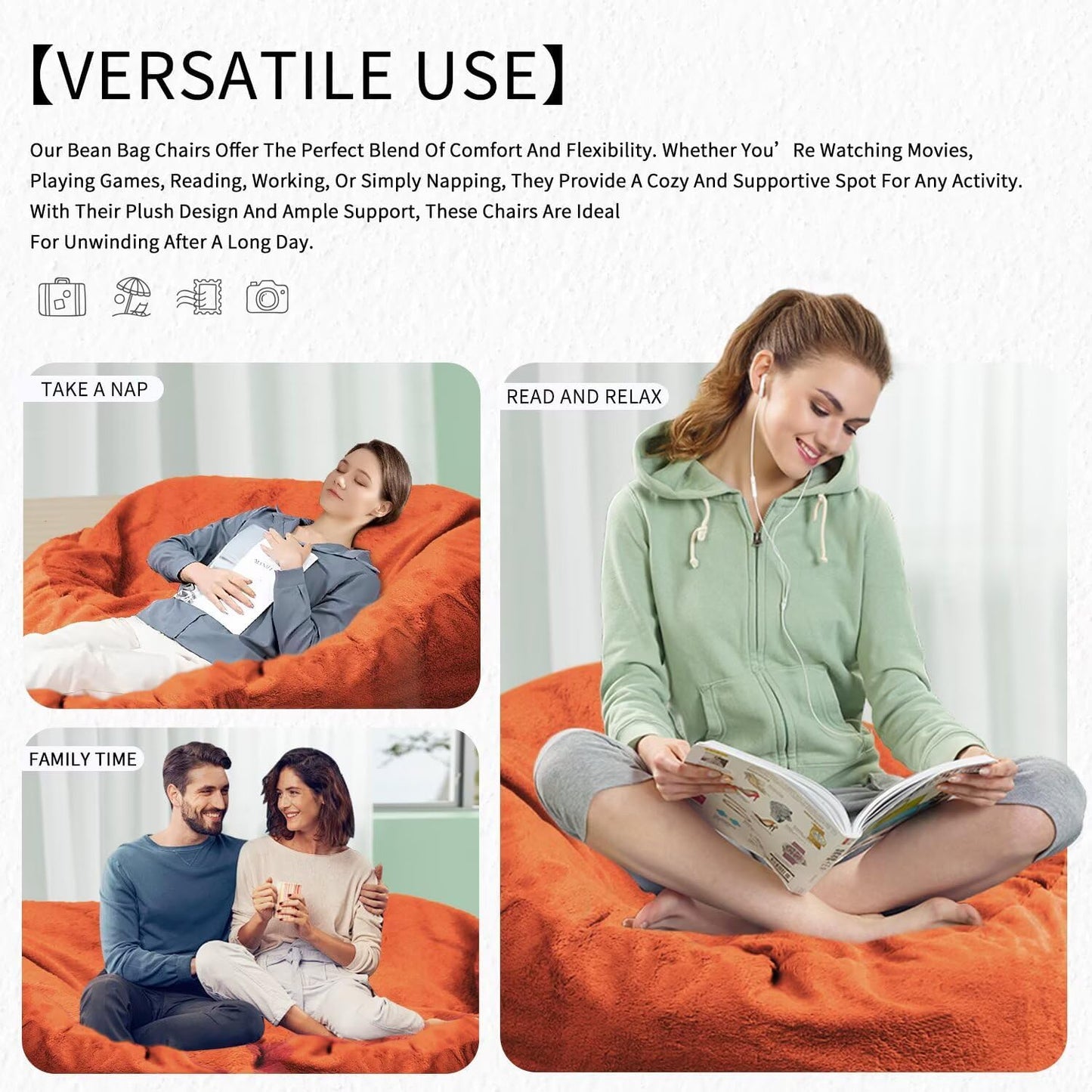 Bean Bag Chair for Adults 5FT,Soft Removable Cover for Teens/Girls Bedroom,Fluffy Giant Round Floor Beanbag Lounger Chairs (No Filler,Orange)