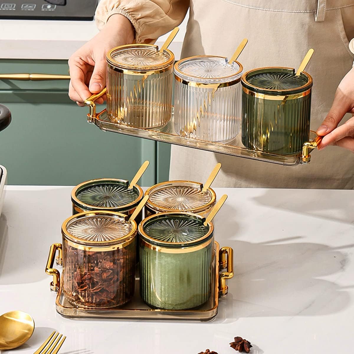 Acrylic Condiment Spice Jars,Condiment Spice Box With Lids and Spoons and Tray,Clear Plastic Condiment Canisters,Seasoning Box 4 Pack,Seasoning Box Set for Kitchen to Storage Salt,Paprika,Sugar