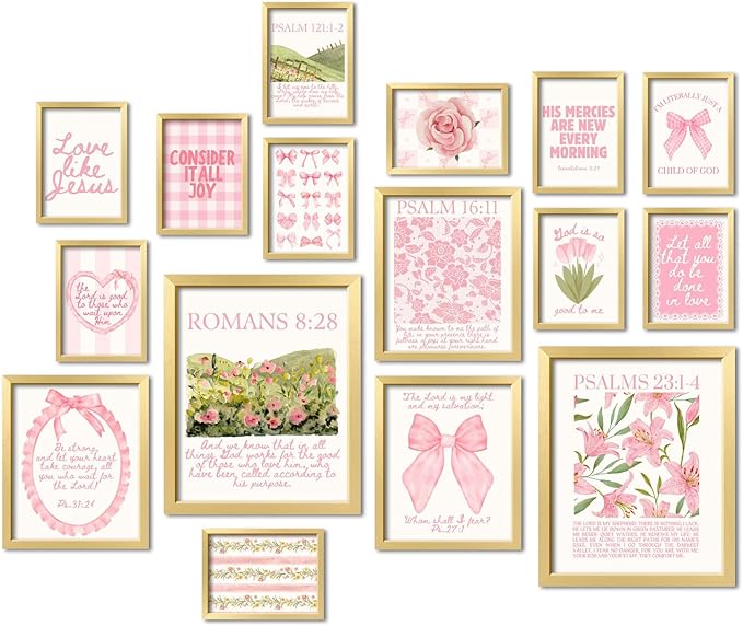 ANERZA 16 PCS Christian Coquette Wall Art Decor, Pink Bow Bible Verses Gallery Wall Prints for Bedroom Nursery, Jesus Posters for Living Room Aesthetic, Scripture Preppy Dorm Collage Kit for Girls Kids